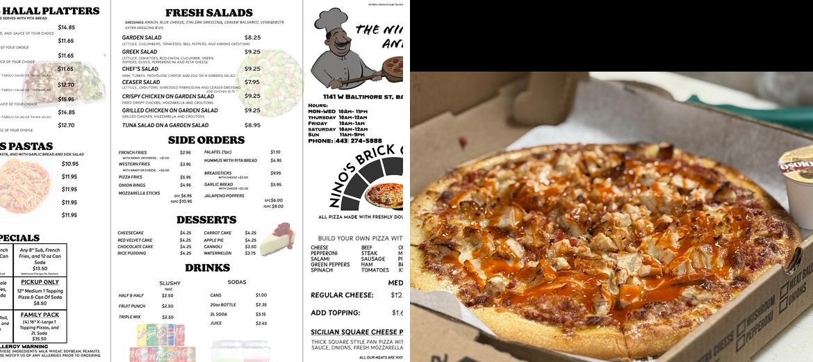 The Nino's Pizza and Subs Menu